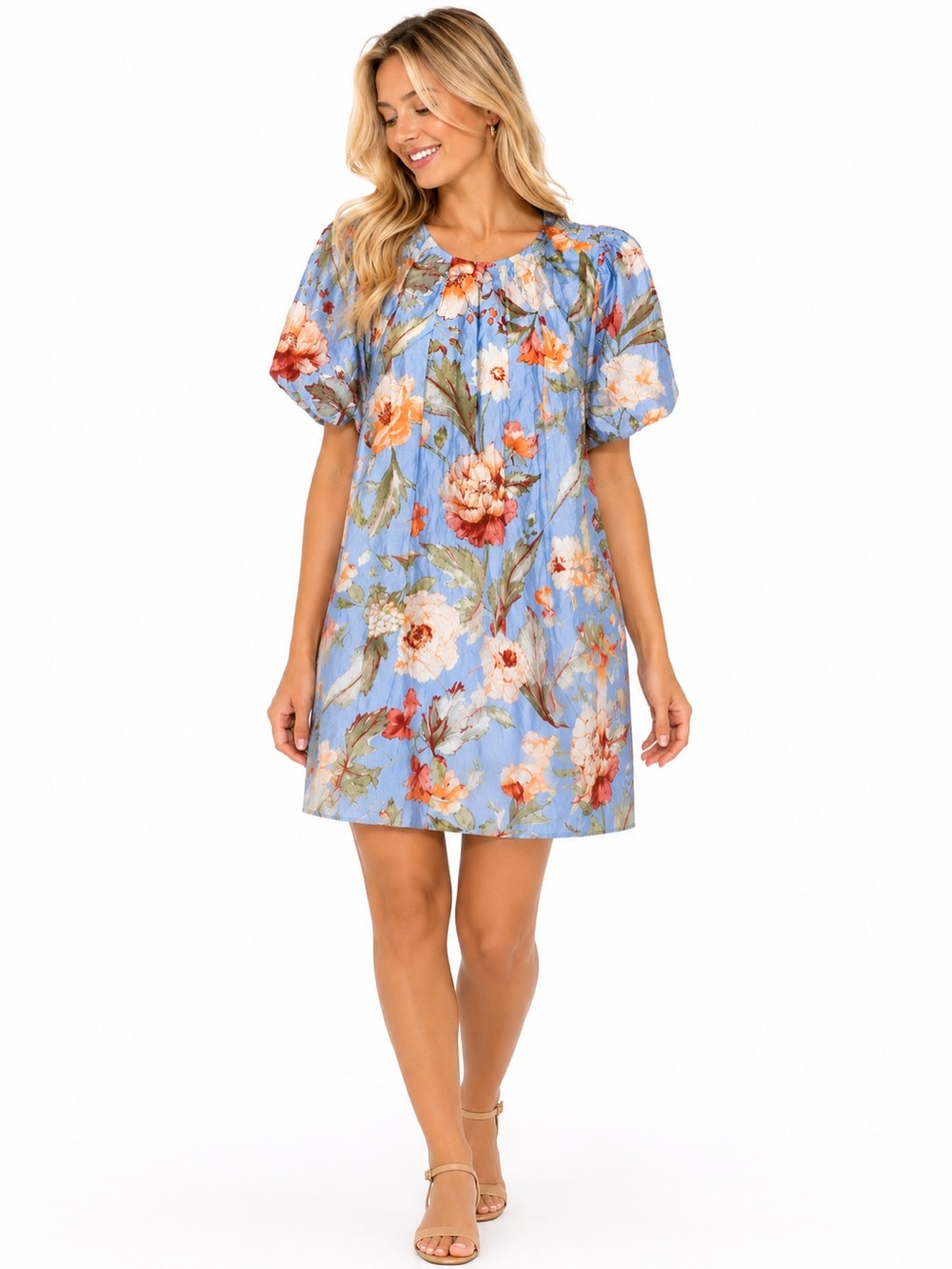NWT Easel Size Medium Blue Floral Puff-Sleeve Shift Dress with Bow Tie Back